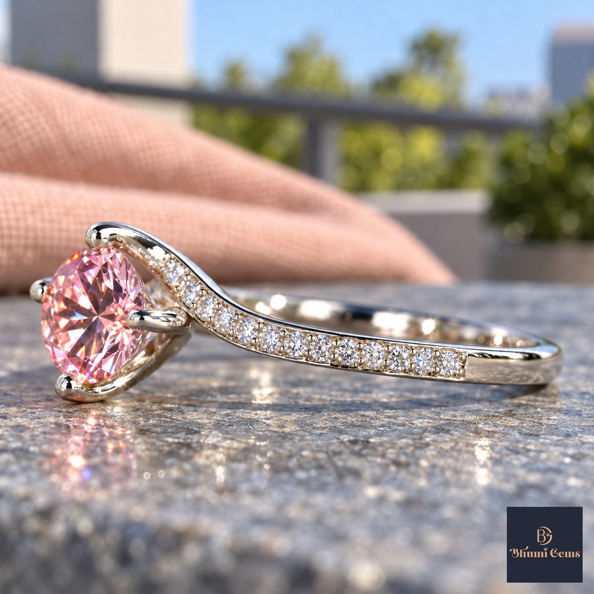 Pink Round Cut Lab Grown Diamond Engagement Ring - Pave Twist Bypass in white gold, side view
