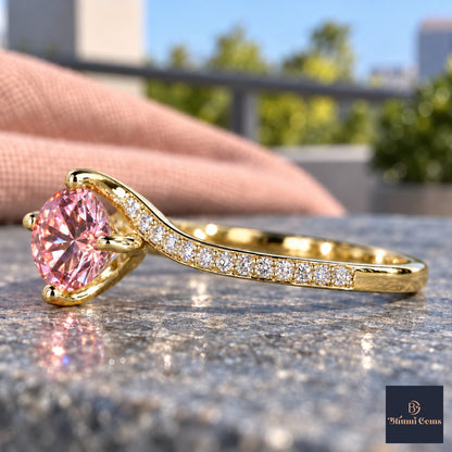 Pink Round Cut Lab Grown Diamond Engagement Ring - Pave Twist Bypass in yellow gold, side view