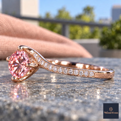 Pink Round Cut Lab Grown Diamond Engagement Ring - Pave Twist Bypass in rose gold, side view