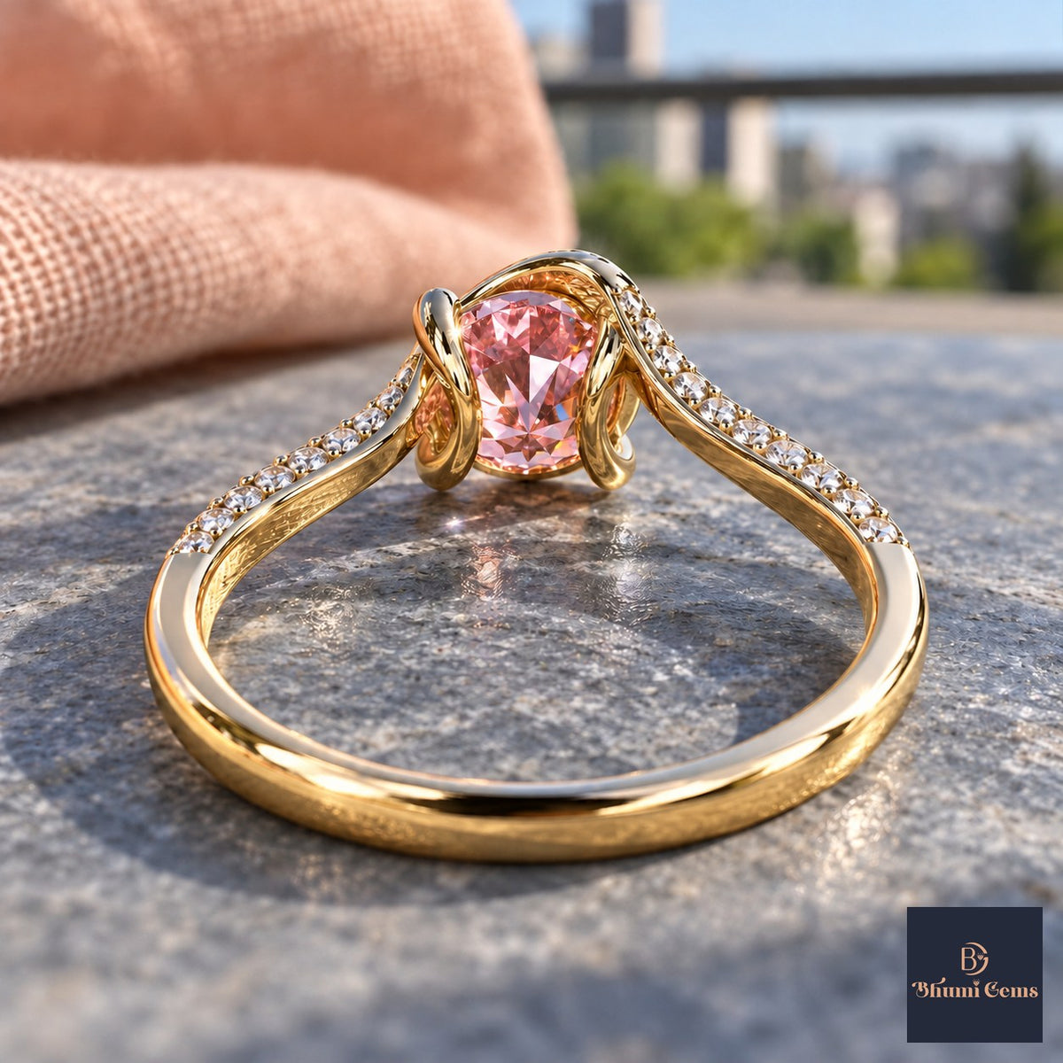 Pink Round Cut Lab Grown Diamond Engagement Ring - Pave Twist Bypass in yellow gold, gallery view