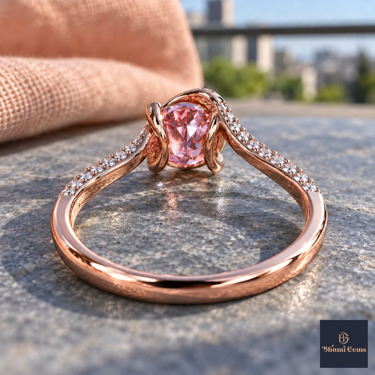 Pink Round Cut Lab Grown Diamond Engagement Ring - Pave Twist Bypass in rose gold, gallery view