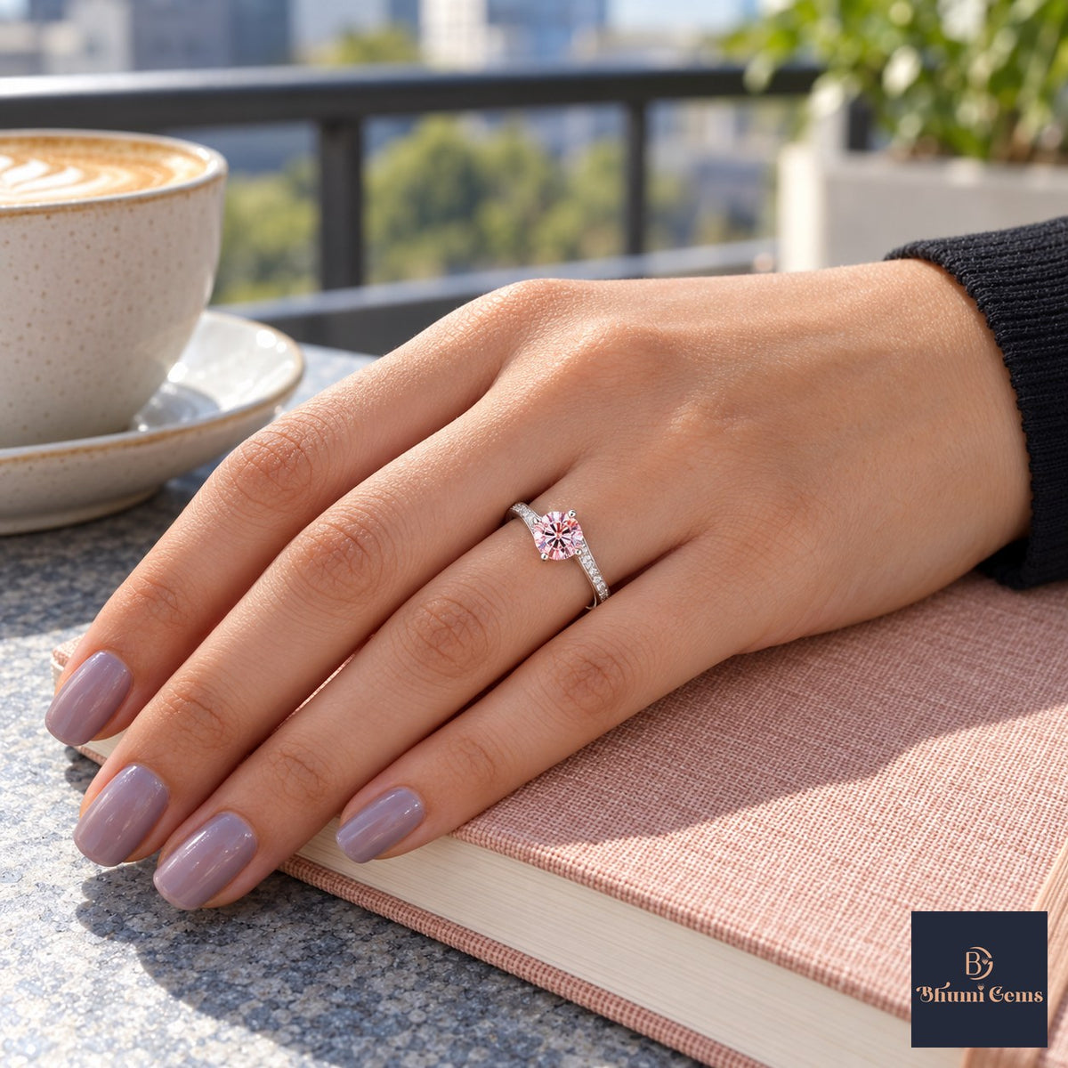 Pink Round Cut Lab Grown Diamond Engagement Ring - Pave Twist Bypass in white gold, on the hand
