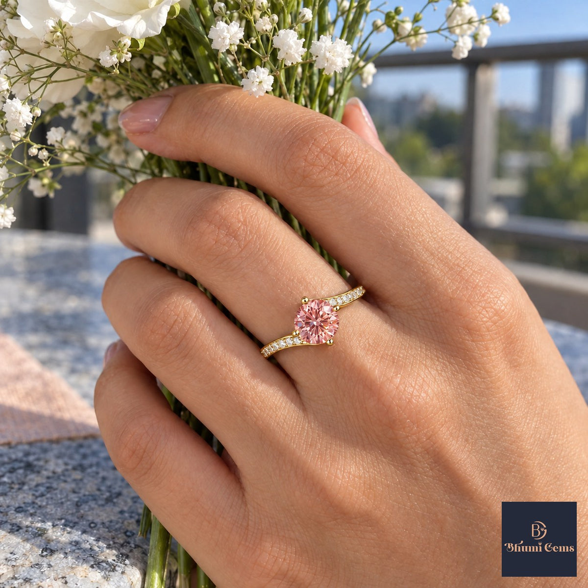 Pink Round Cut Lab Grown Diamond Engagement Ring - Pave Twist Bypass in yellow gold, worn on the hand