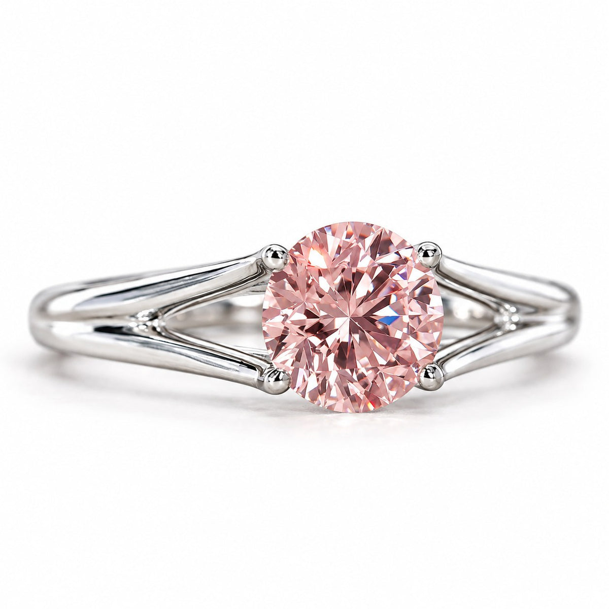 Pink Round Cut Lab Grown Diamond Engagement Ring - Split Shank in white gold, front view