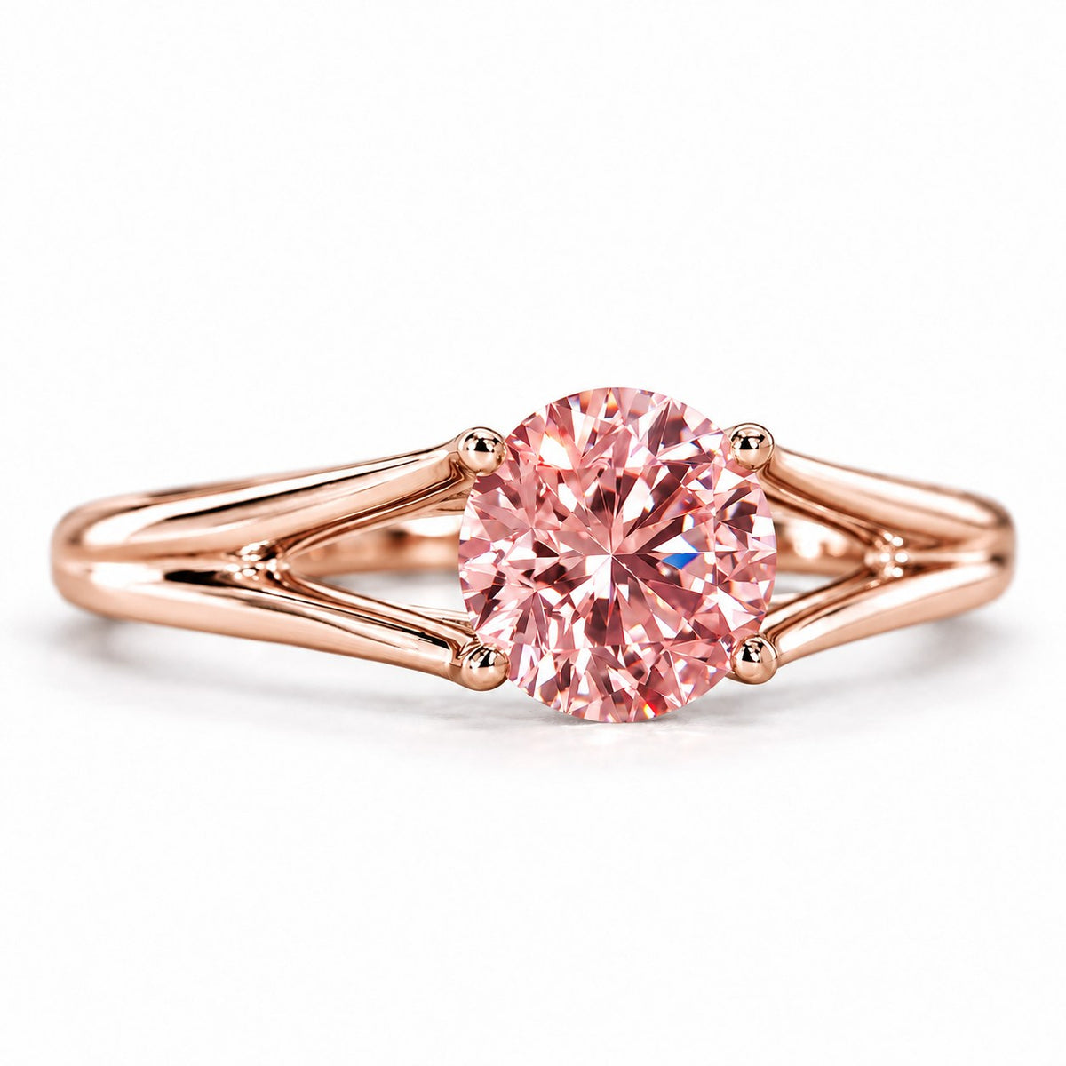 Pink Round Cut Lab Grown Diamond Engagement Ring - Split Shank in rose gold, front view