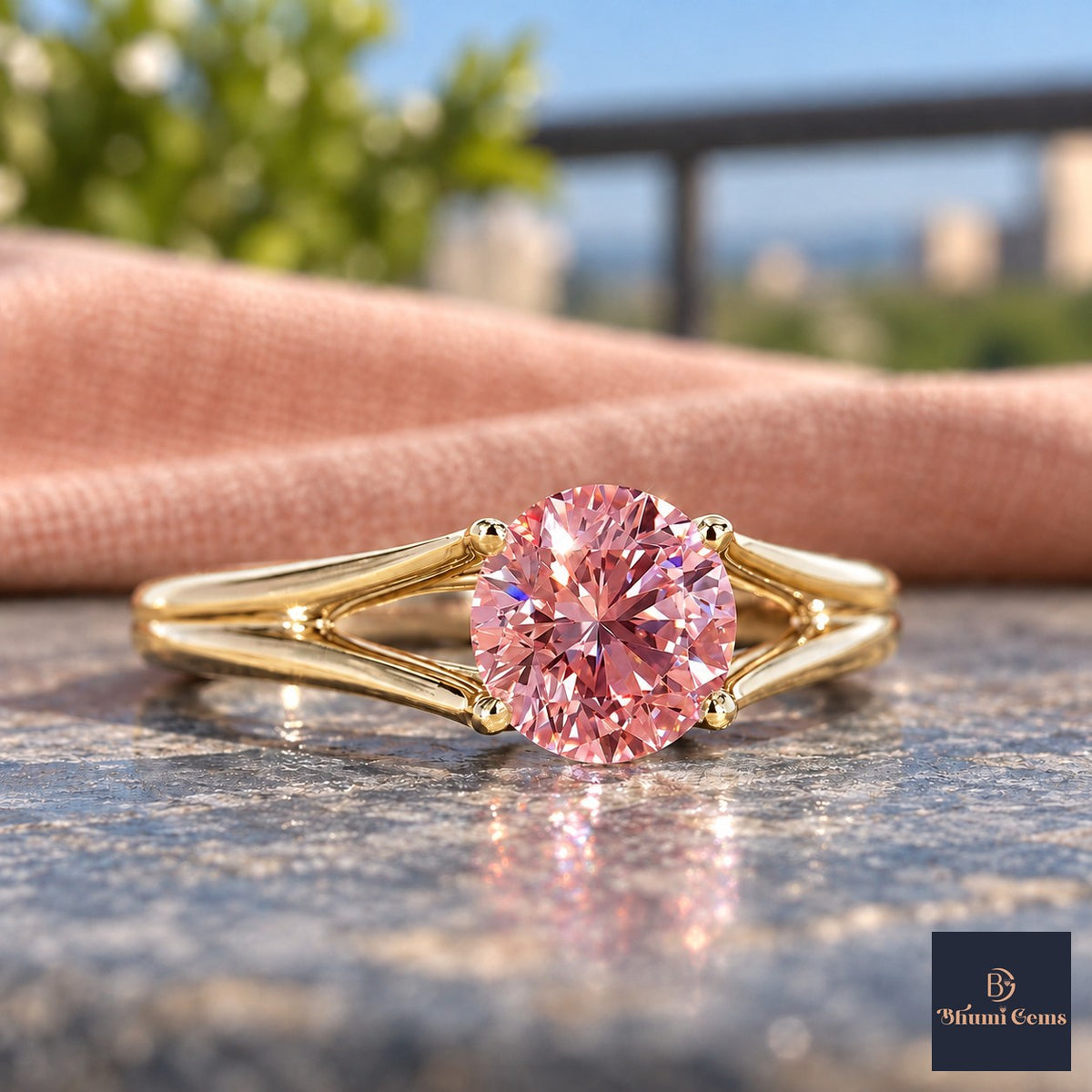 Pink Round Cut Lab Grown Diamond Engagement Ring - Split Shank in yellow gold, close-up