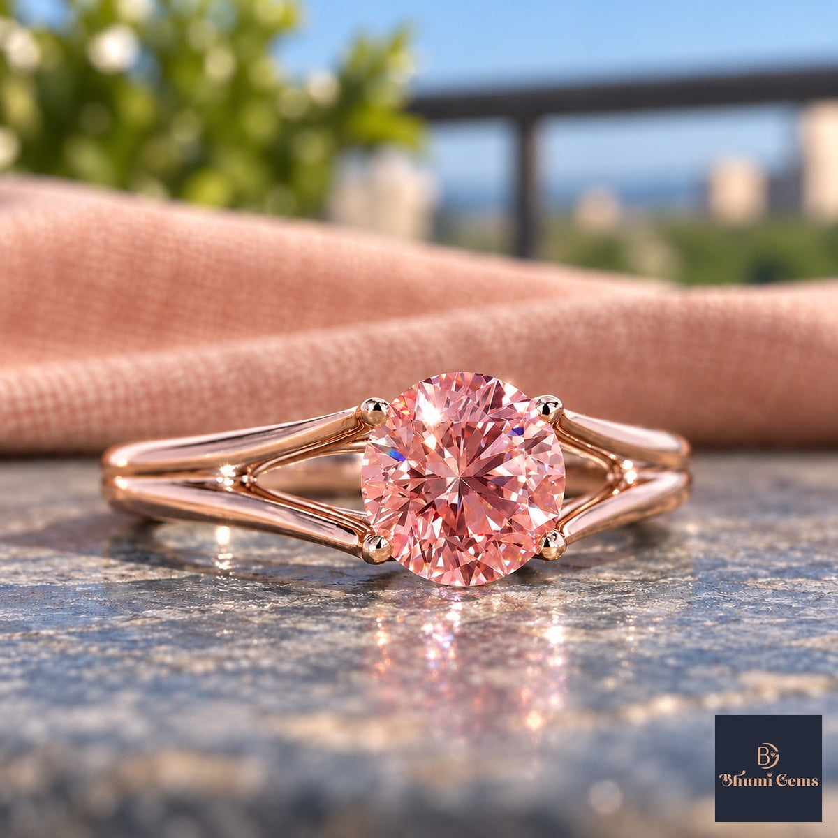 Pink Round Cut Lab Grown Diamond Engagement Ring - Split Shank in rose gold, close-up