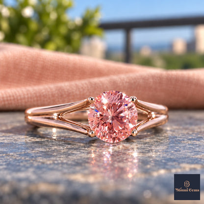 Pink Round Cut Lab Grown Diamond Engagement Ring - Split Shank in rose gold, close-up