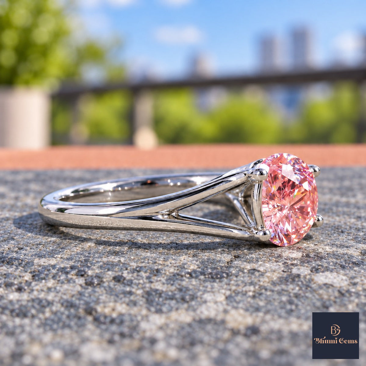 Pink Round Cut Lab Grown Diamond Engagement Ring - Split Shank in white gold, side view