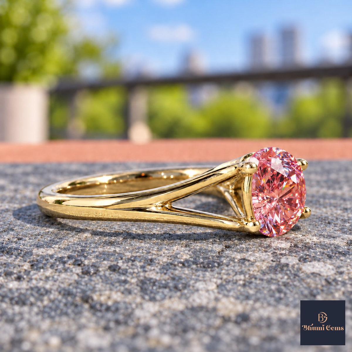Pink Round Cut Lab Grown Diamond Engagement Ring - Split Shank in yellow gold, side view
