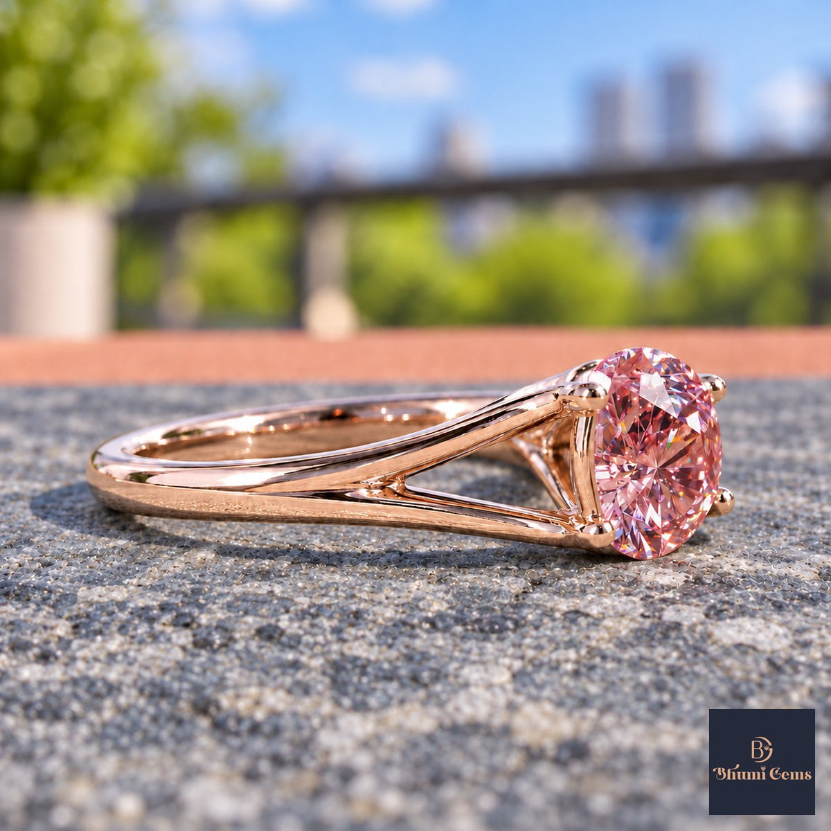 Pink Round Cut Lab Grown Diamond Engagement Ring - Split Shank in rose gold, side view