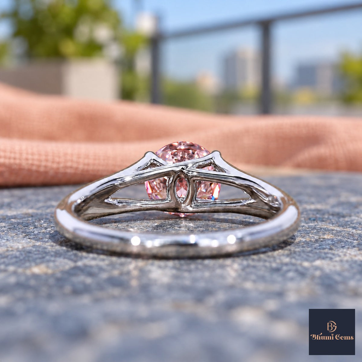 Pink Round Cut Lab Grown Diamond Engagement Ring - Split Shank in white gold, gallery view