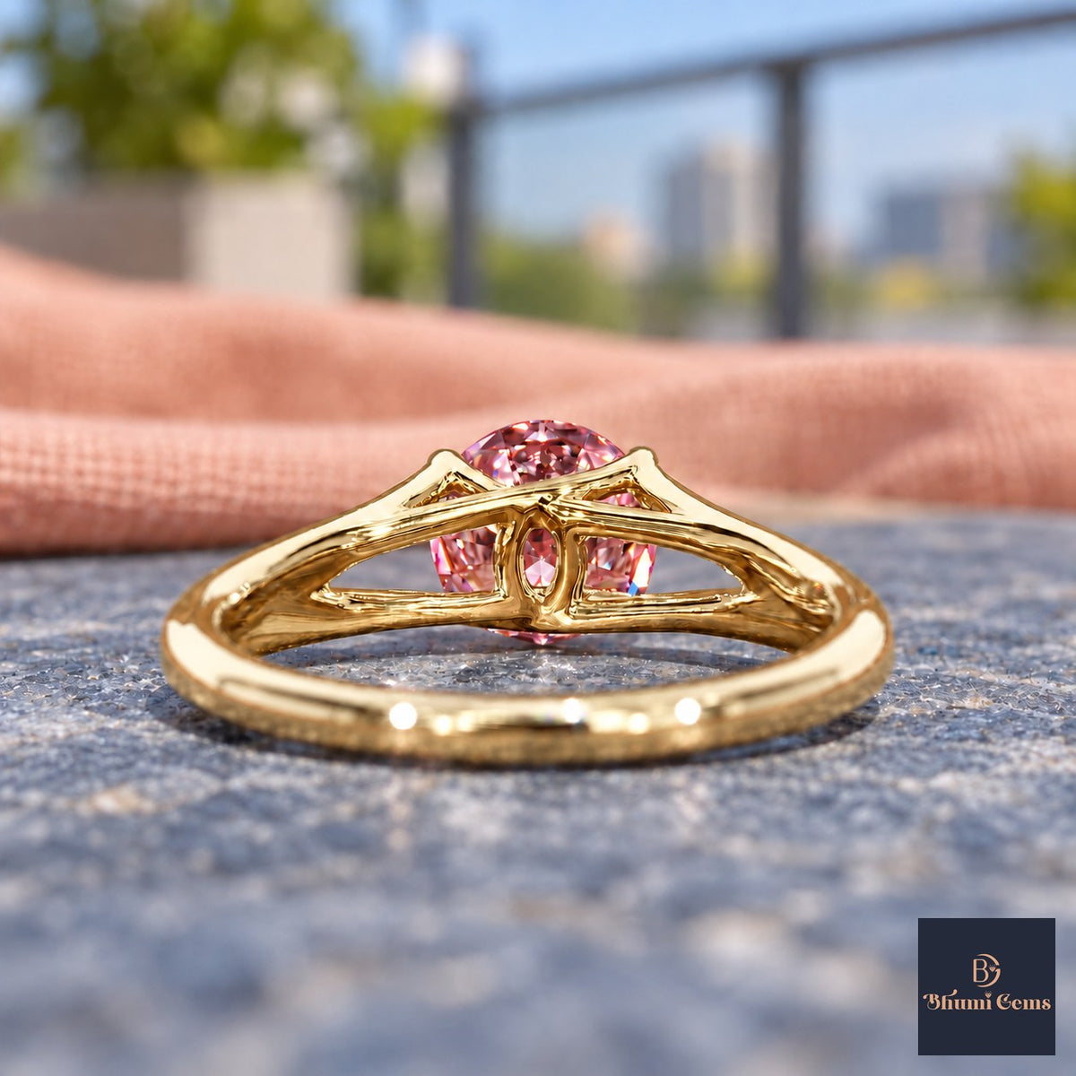 Pink Round Cut Lab Grown Diamond Engagement Ring - Split Shank in yellow gold, gallery view