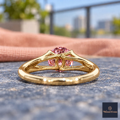 Pink Round Cut Lab Grown Diamond Engagement Ring - Split Shank in yellow gold, gallery view