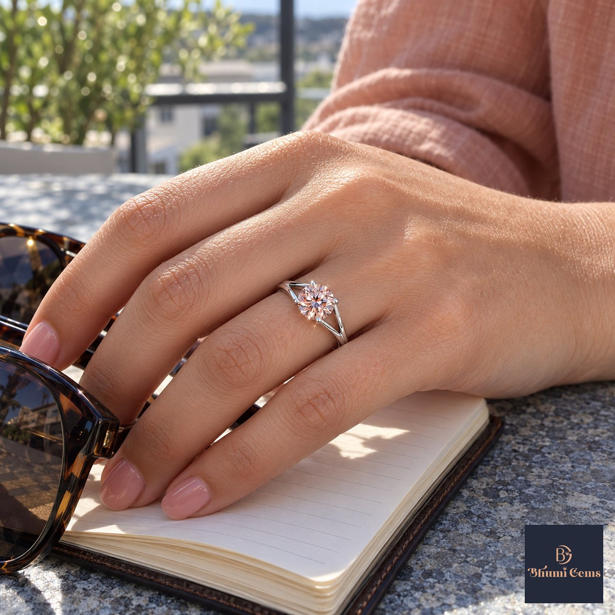 Pink Round Cut Lab Grown Diamond Engagement Ring - Split Shank in white gold, on the hand