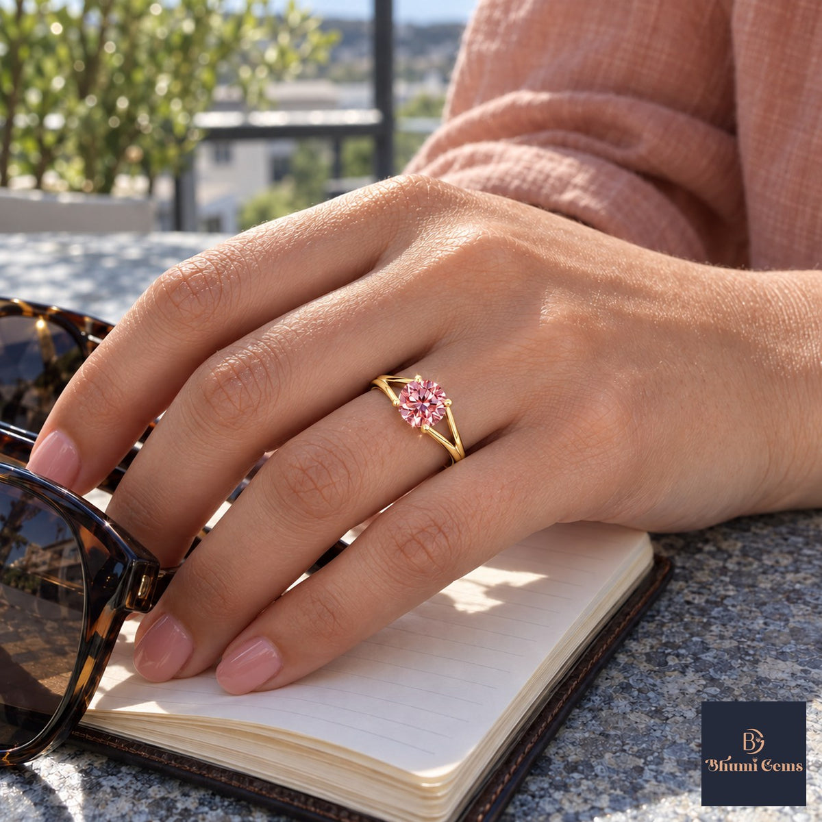 Pink Round Cut Lab Grown Diamond Engagement Ring - Split Shank in yellow gold, on the hand