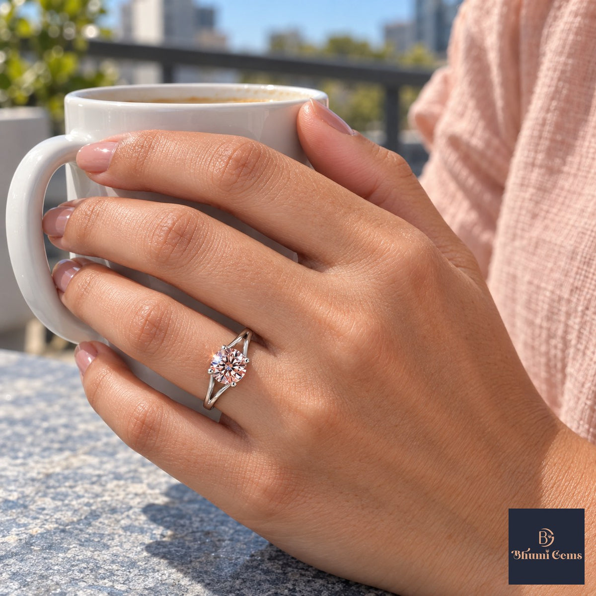 Pink Round Cut Lab Grown Diamond Engagement Ring - Split Shank in white gold, worn on the hand