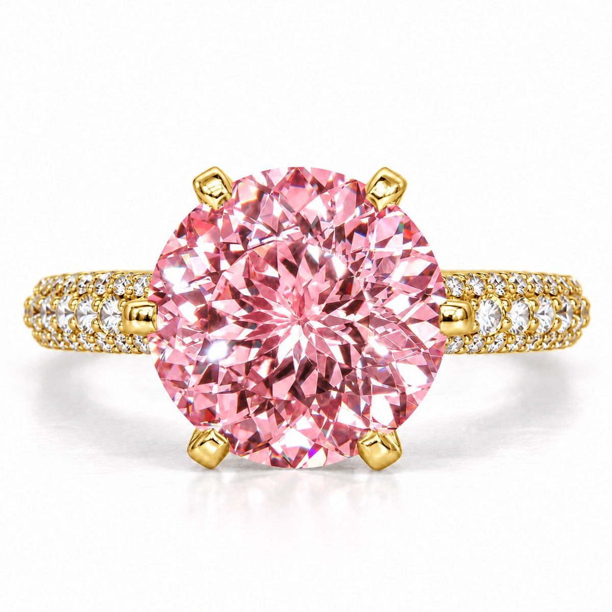 Pink Round Cut Lab Grown Diamond Engagement Ring - Triple Row Pave in yellow gold, front view