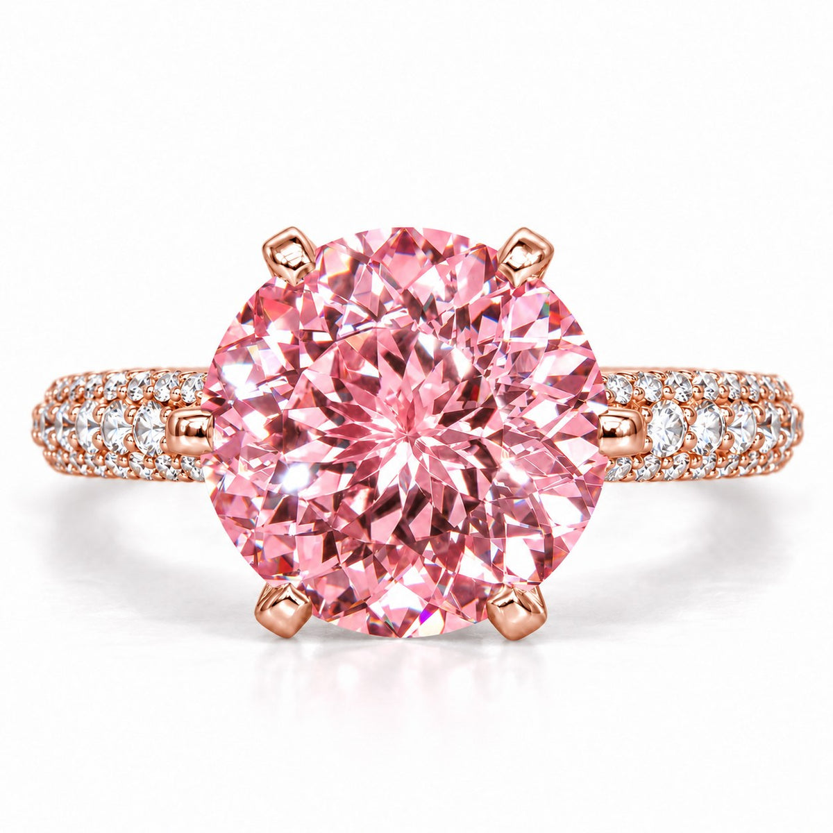 Pink Round Cut Lab Grown Diamond Engagement Ring - Triple Row Pave in rose gold, front view