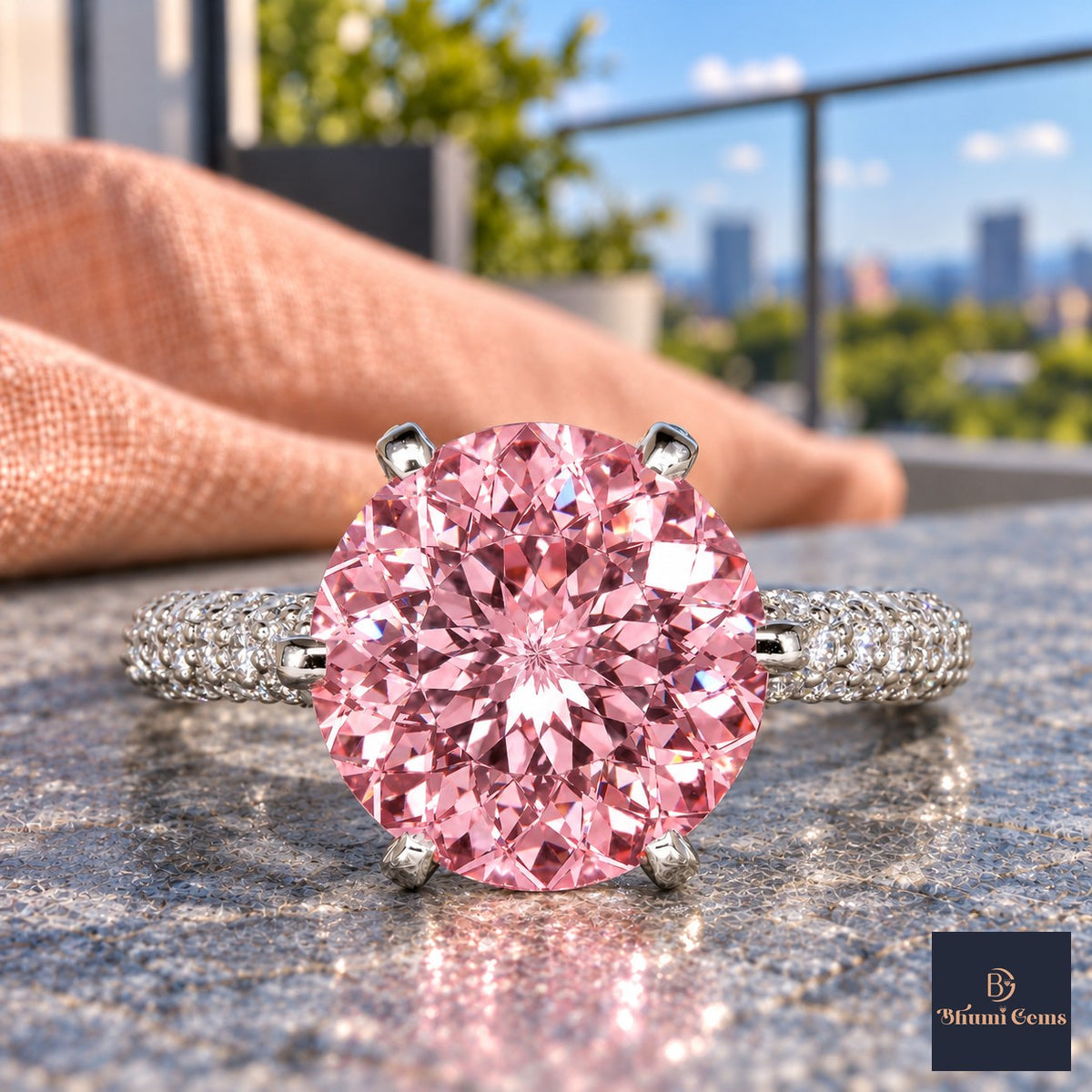 Pink Round Cut Lab Grown Diamond Engagement Ring - Triple Row Pave in white gold, close-up