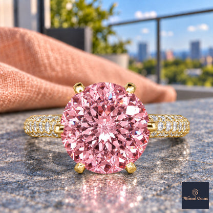 Pink Round Cut Lab Grown Diamond Engagement Ring - Triple Row Pave in yellow gold, close-up