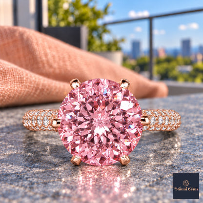 Pink Round Cut Lab Grown Diamond Engagement Ring - Triple Row Pave in rose gold, close-up