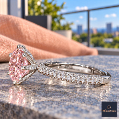 Pink Round Cut Lab Grown Diamond Engagement Ring - Triple Row Pave in white gold, side view