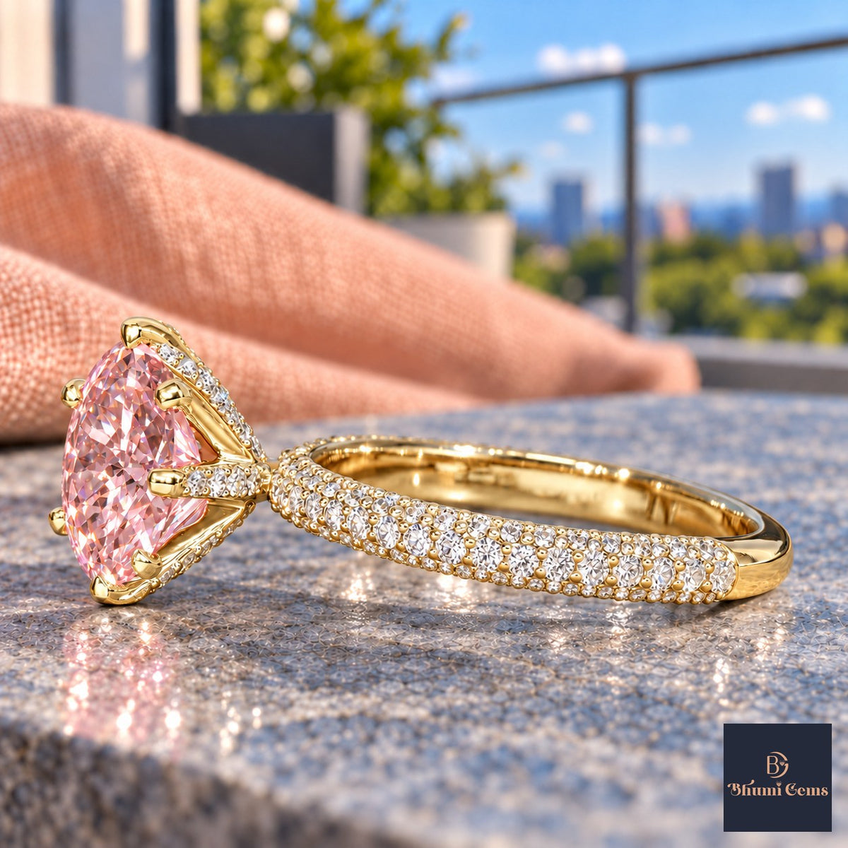 Pink Round Cut Lab Grown Diamond Engagement Ring - Triple Row Pave in yellow gold, side view