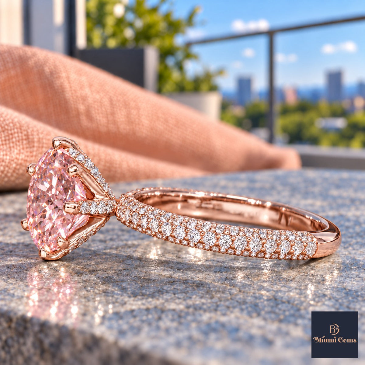 Pink Round Cut Lab Grown Diamond Engagement Ring - Triple Row Pave in rose gold, side view
