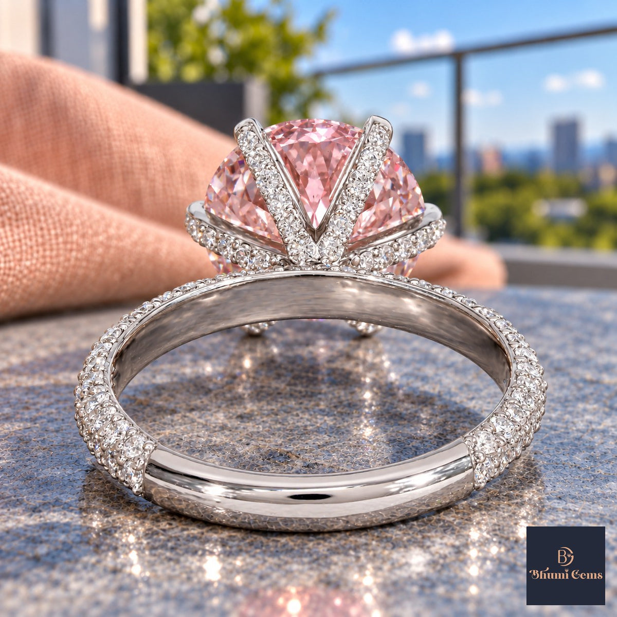 Pink Round Cut Lab Grown Diamond Engagement Ring - Triple Row Pave in white gold, gallery view