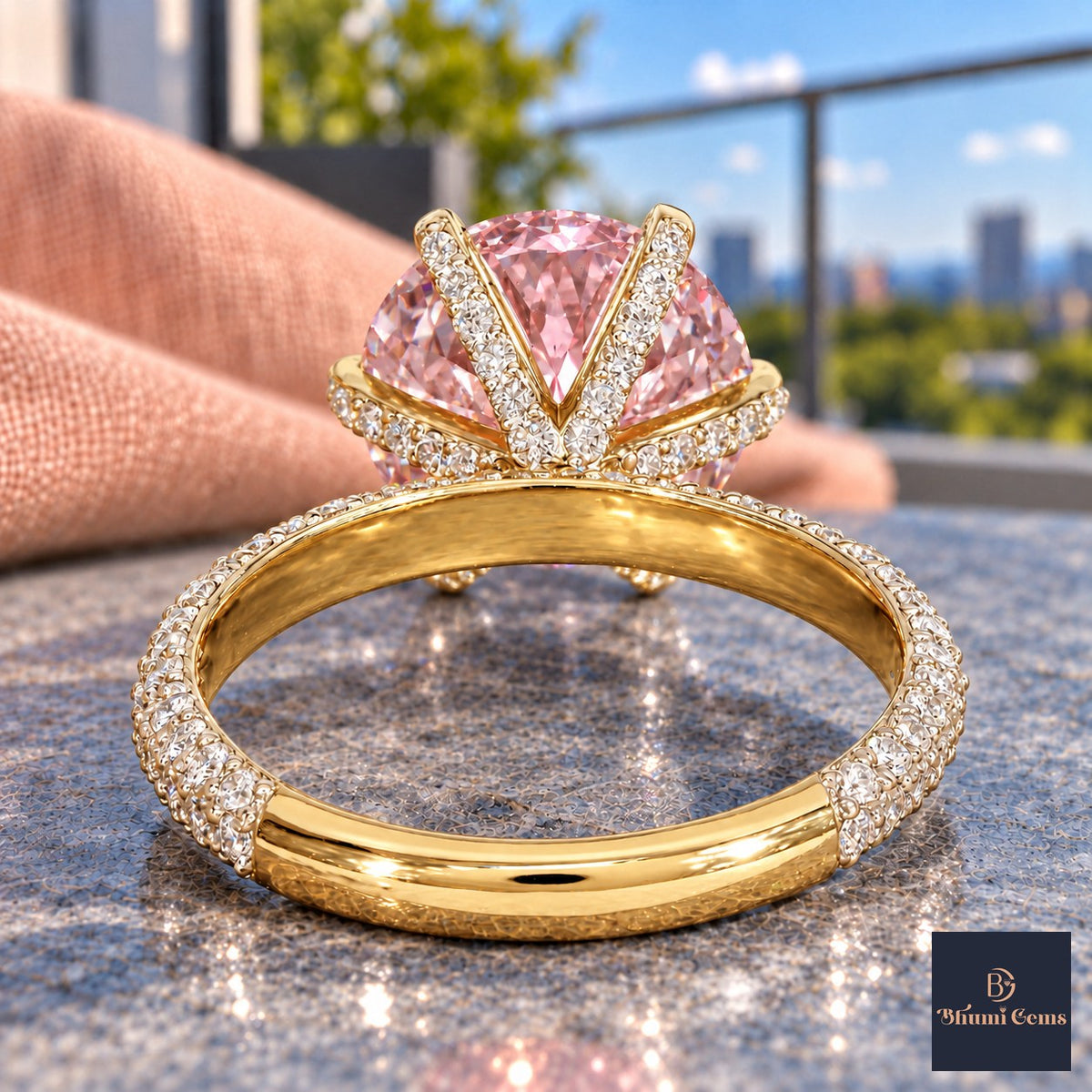 Pink Round Cut Lab Grown Diamond Engagement Ring - Triple Row Pave in yellow gold, gallery view