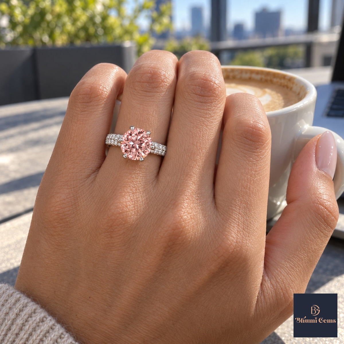 Pink Round Cut Lab Grown Diamond Engagement Ring - Triple Row Pave in white gold, on the hand