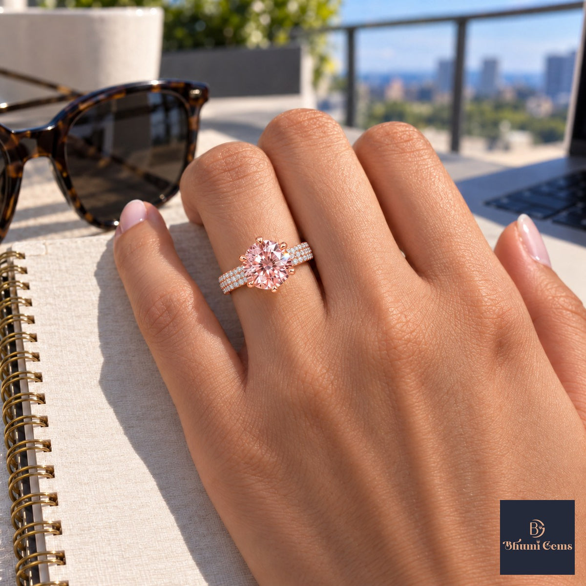 Pink Round Cut Lab Grown Diamond Engagement Ring - Triple Row Pave in rose gold, worn on the hand