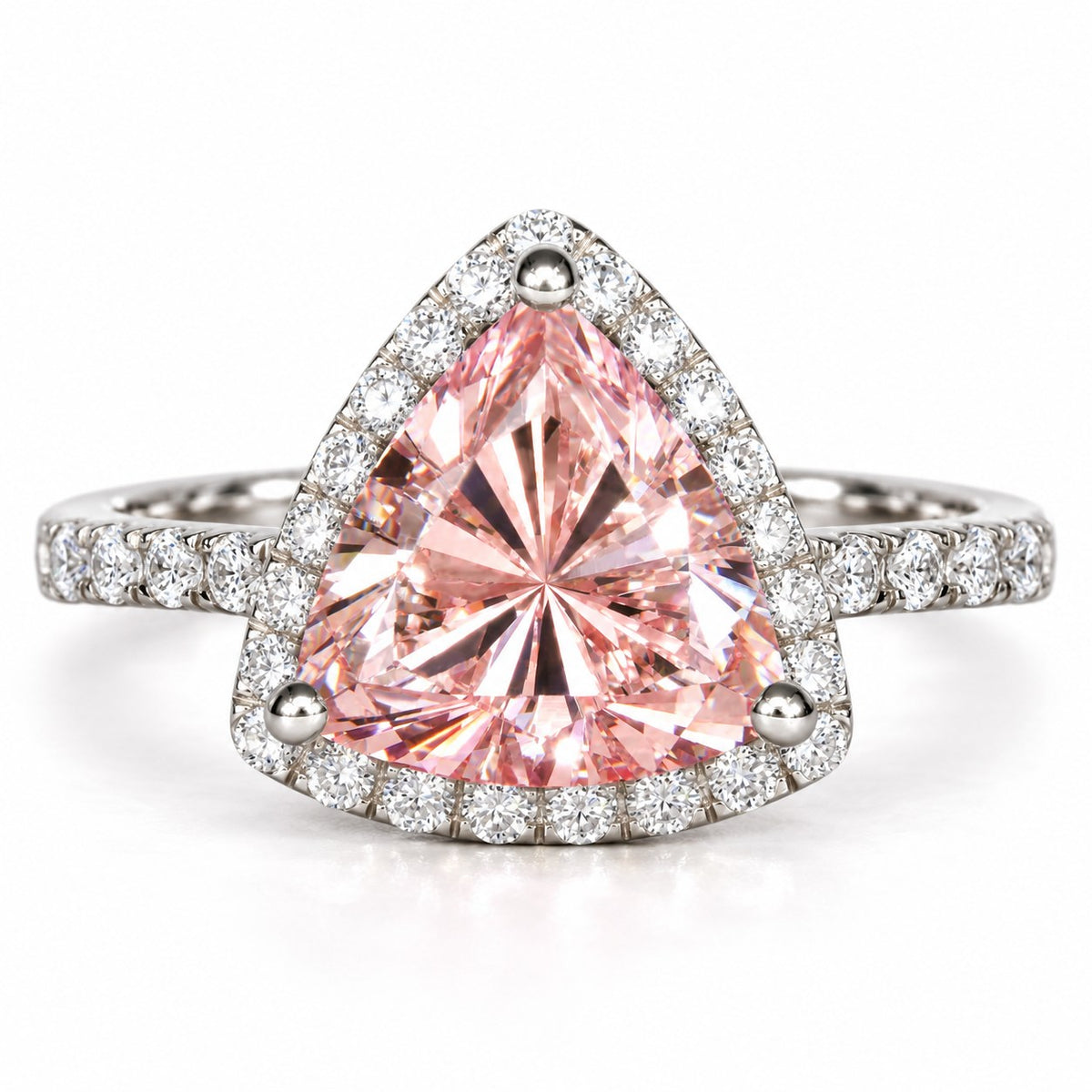 Pink Trillion Cut Lab Grown Diamond Engagement Ring - Halo in white gold, front view
