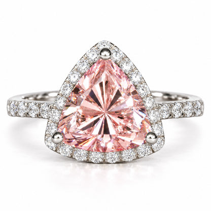 Pink Trillion Cut Lab Grown Diamond Engagement Ring - Halo in white gold, front view