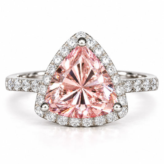 Pink Trillion Cut Lab Grown Diamond Engagement Ring - Halo in white gold, front view