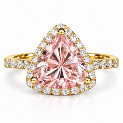 Pink Trillion Cut Lab Grown Diamond Engagement Ring - Halo in yellow gold, front view