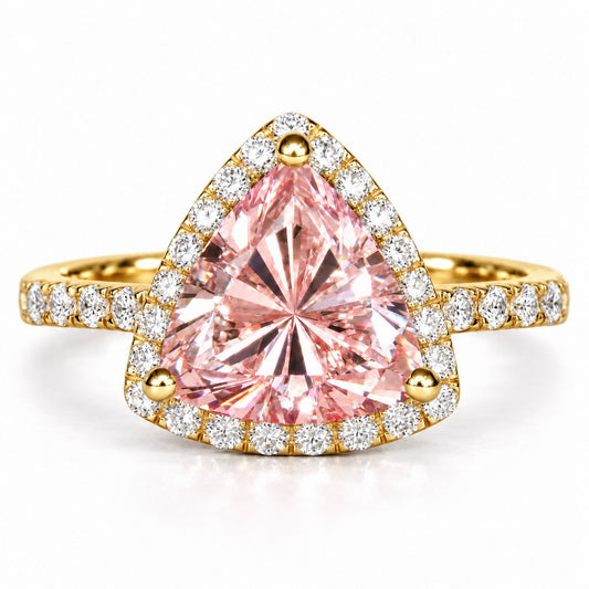 Pink Trillion Cut Lab Grown Diamond Engagement Ring - Halo in yellow gold, front view