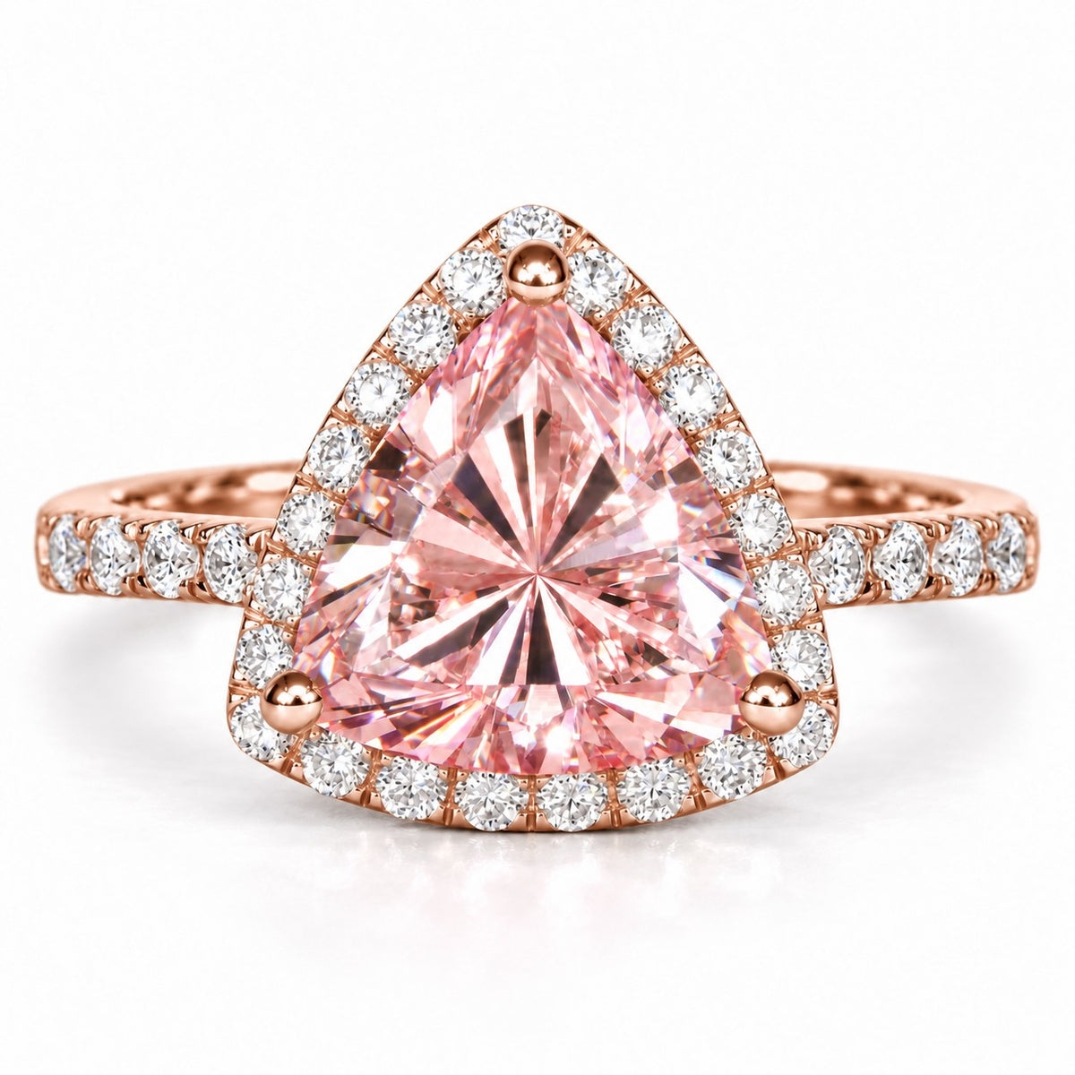Pink Trillion Cut Lab Grown Diamond Engagement Ring - Halo in rose gold, front view