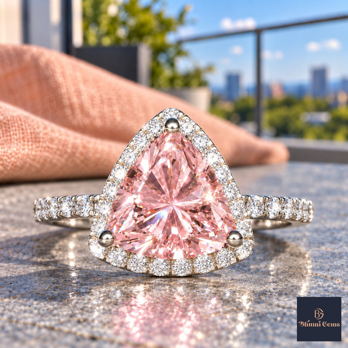 Pink Trillion Cut Lab Grown Diamond Engagement Ring - Halo in white gold, close-up
