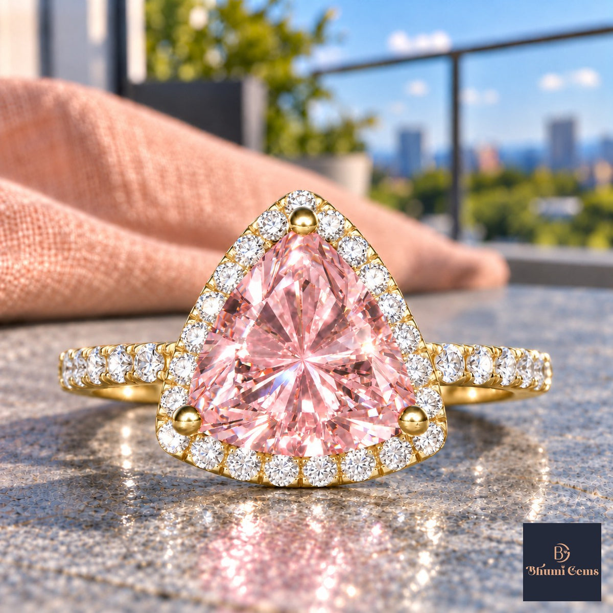 Pink Trillion Cut Lab Grown Diamond Engagement Ring - Halo in yellow gold, close-up