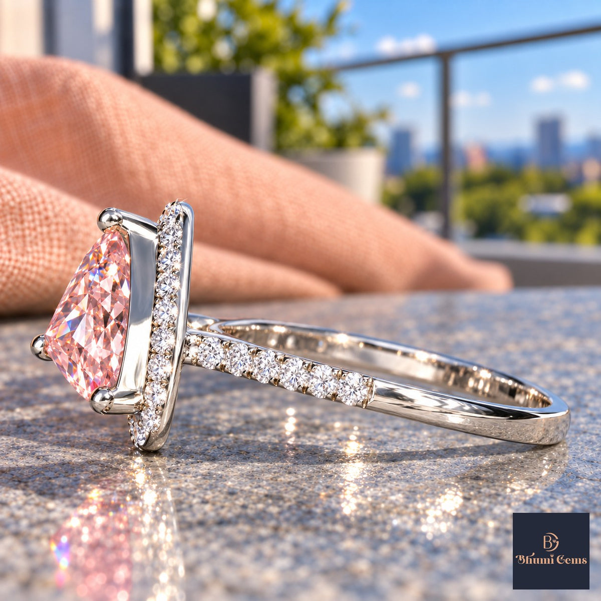 Pink Trillion Cut Lab Grown Diamond Engagement Ring - Halo in white gold, side view