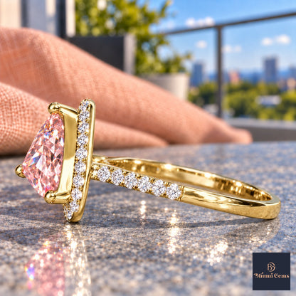 Pink Trillion Cut Lab Grown Diamond Engagement Ring - Halo in yellow gold, side view