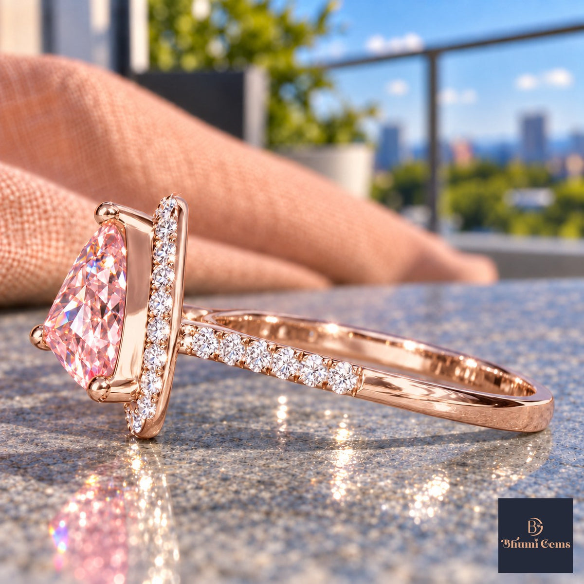Pink Trillion Cut Lab Grown Diamond Engagement Ring - Halo in rose gold, side view