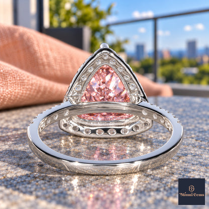 Pink Trillion Cut Lab Grown Diamond Engagement Ring - Halo in white gold, gallery view
