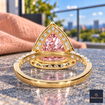 Pink Trillion Cut Lab Grown Diamond Engagement Ring - Halo in yellow gold, gallery view