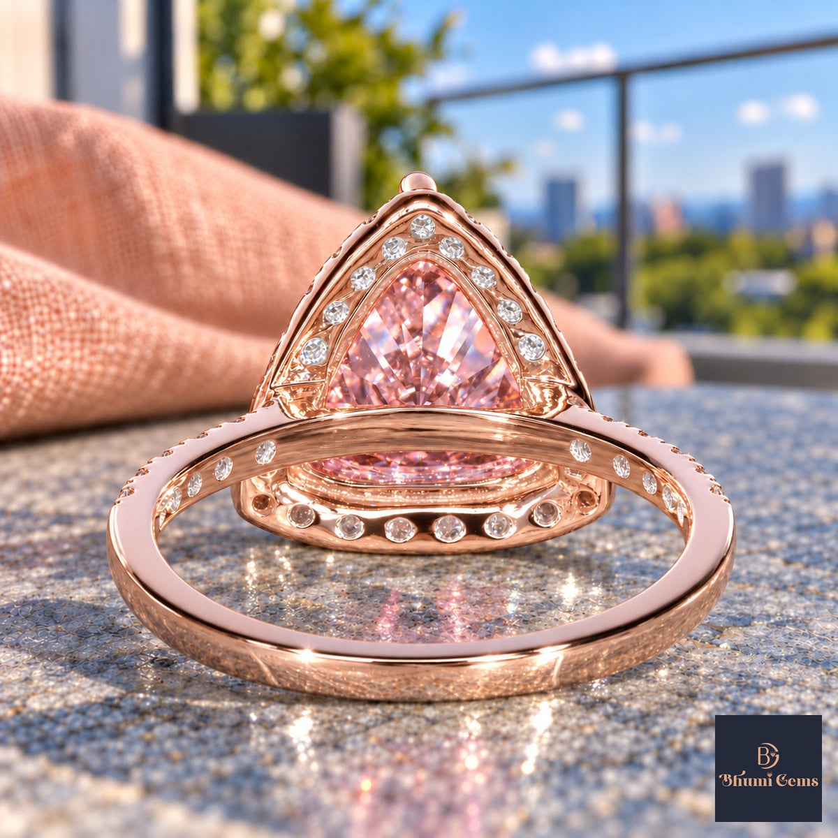 Pink Trillion Cut Lab Grown Diamond Engagement Ring - Halo in rose gold, gallery view