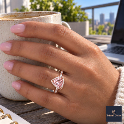 Pink Trillion Cut Lab Grown Diamond Engagement Ring - Halo in rose gold, on the hand
