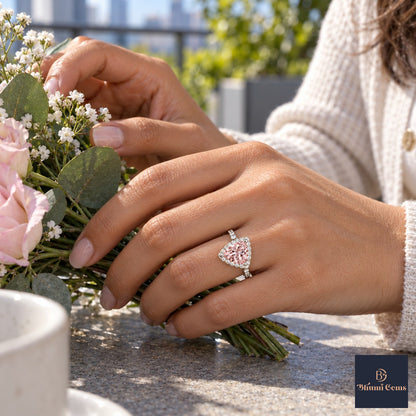 Pink Trillion Cut Lab Grown Diamond Engagement Ring - Halo in white gold, worn on the hand