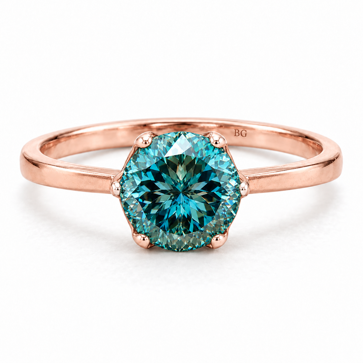 2 CT Portuguese Cut Blue-Green Moissanite Engagement Rings - Rose gold - front view